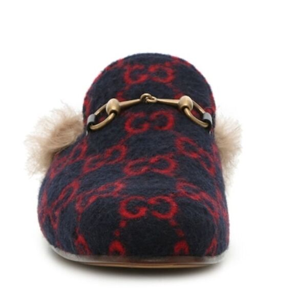 Gucci Women Blue Red & Wool GG Monogram Fur Princetown Mule Slippers 35 - Picture 12 of 16